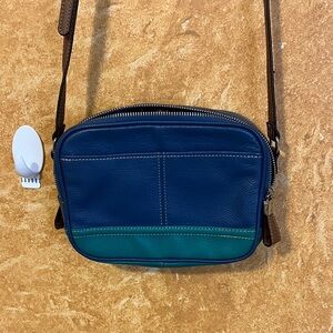 Tignanello Navy and Teal Leather Messenger Bag